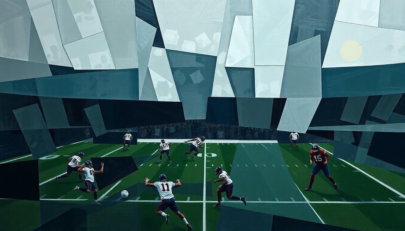 A cubist, geometric painting depicting fragmented, overlapping shapes and planes in muted colors, representing the analytical, technical nature of the investigation into the 49ers' injury issues.