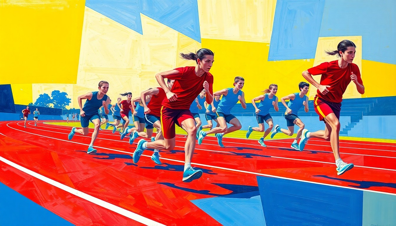 A cubist-style painting featuring fragmented, geometric shapes in bright colors representing runners and a track, conveying the dynamic energy of a high school relay race.