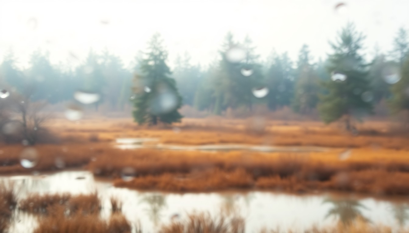 An abstract, out-of-focus landscape scene featuring soft, warm tones and blurred shapes representing spruce trees and wetlands, conveying a sense of peaceful solitude.