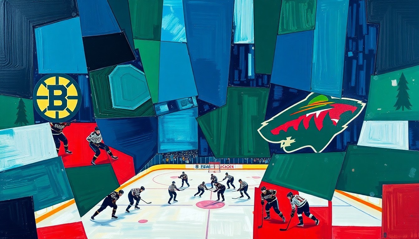 A fractured, geometric painting depicting the dynamic movements and competing forces of a professional hockey game, rendered in a bold, Cubist style.