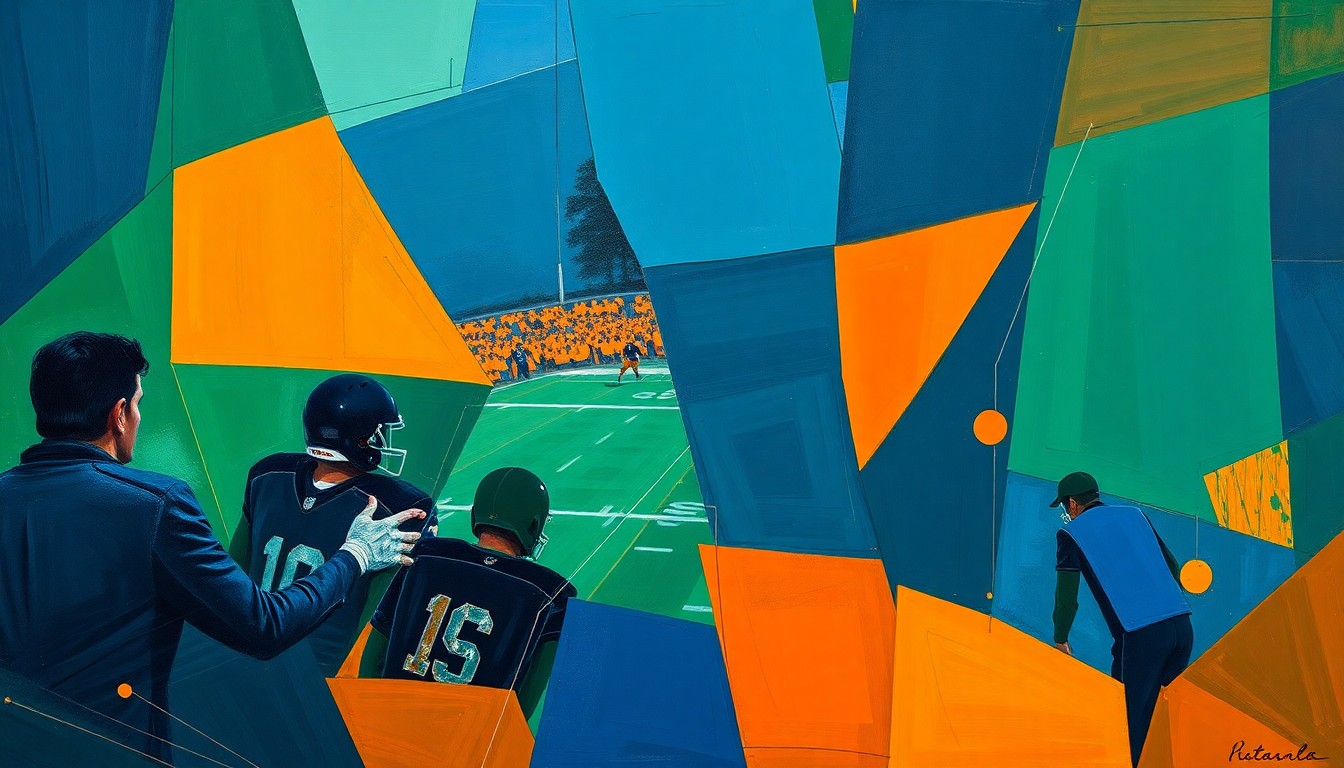 A fragmented, geometric painting depicting a football coaching scene, with sharp planes of navy, green, and orange overlapping to create an abstract, deconstructed visual representation of the story's themes.