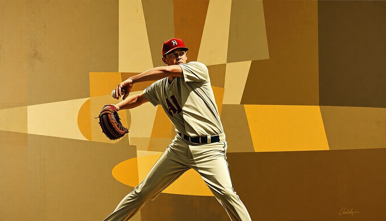A fragmented, geometric painting depicting a baseball pitcher's throwing motion, with sharp, overlapping planes in muted earth tones conveying the raw energy and athleticism of the sport.