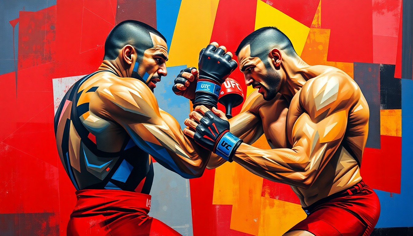 A fragmented, geometric painting depicting the intense action of a freestyle wrestling match, with the athletes' bodies and movements broken down into sharp, overlapping planes of color.