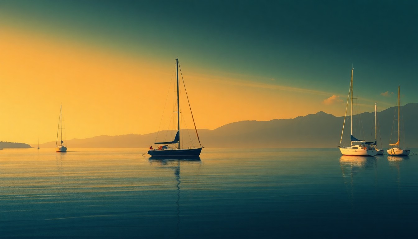 A serene painting of a lone sailboat drifting in a calm marina, with warm sunlight and deep shadows creating a contemplative, nostalgic mood.
