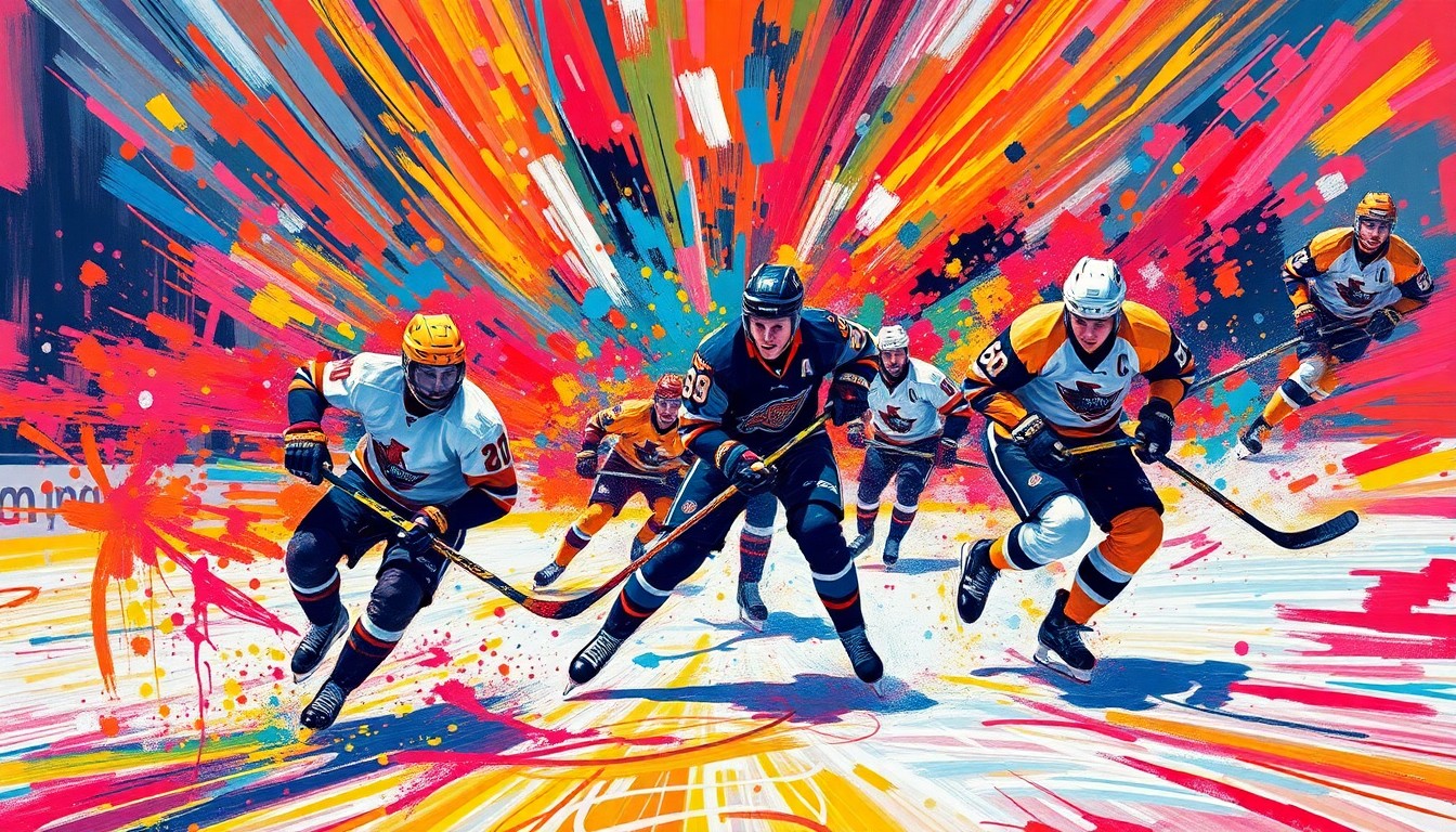 An abstract, energetic painting featuring bold, neon-colored brushstrokes that capture the intensity and movement of a hockey game, with players' forms blending into the vibrant composition.
