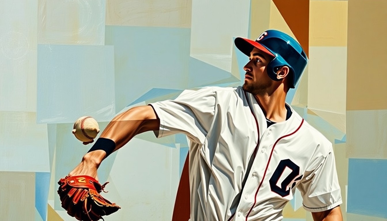 A cubist-style painting depicting a baseball player's motion broken down into sharp, overlapping geometric shapes, representing the parallels between the two Chase Utleys.