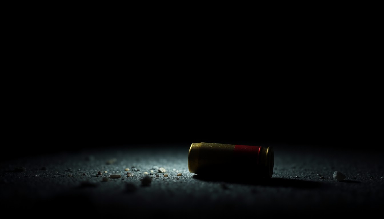 An extreme close-up photograph of a spent bullet casing on the ground, reflecting a harsh, direct camera flash and creating a stark, gritty, investigative aesthetic that conceptually represents the aftermath of a violent crime.