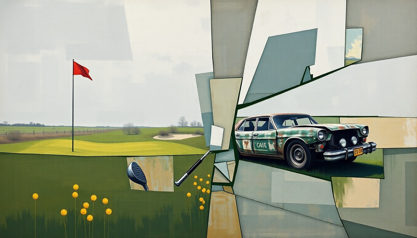 A cubist, geometric painting depicting fragmented images of a golf course, golf clubs, and a wrecked car, conveying the chaotic aftermath of Tiger Woods' latest accident and the personal pain that inspired Wade Boggs' admonishing words.