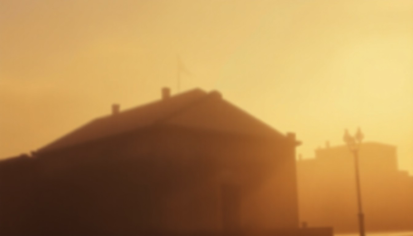 An abstracted, out-of-focus photograph in warm, muted tones depicting the silhouette of a historic building, conceptually representing the nostalgic atmosphere of a bygone era.