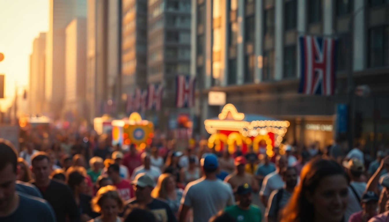 An abstract, impressionistic photograph of a crowded downtown street scene, with colorful parade elements visible in the background through a hazy, dreamlike lens.