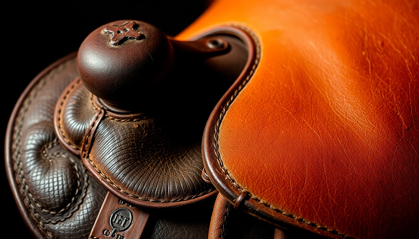 An extreme close-up photograph of a worn, textured leather saddle in shades of brown and tan, capturing the rugged, handcrafted quality of the material to conceptually represent the authentic, traditional country sound of Josh Weathers' new album.