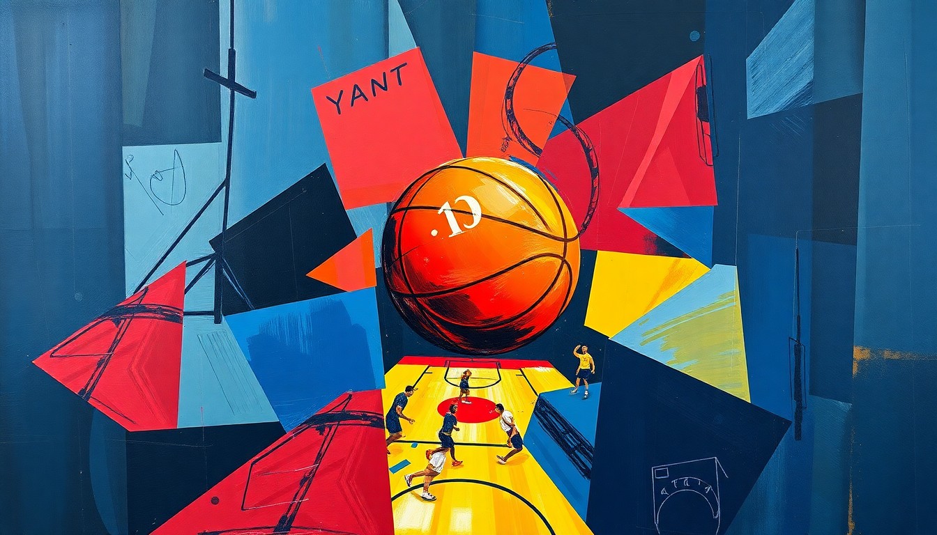 A cubist, geometric painting depicting a fragmented basketball game, with sharp, overlapping shapes in navy, red, and yellow, conveying the chaotic aftermath of the fans' ejection from the NCAA Tournament.