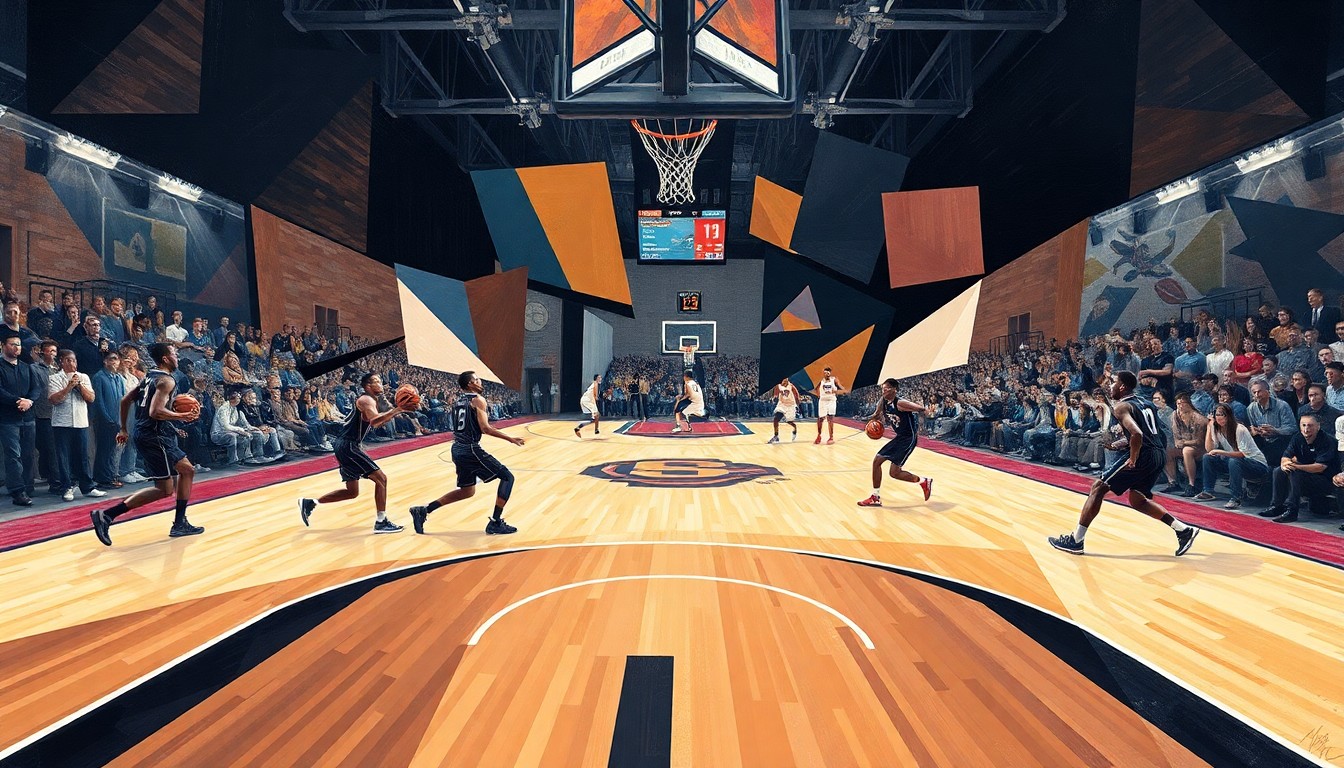 A cubist-style painting featuring fragmented, overlapping shapes and planes of basketball players, basketballs, and court lines, conveying the dynamic action and strategic complexity of an elite college basketball game.