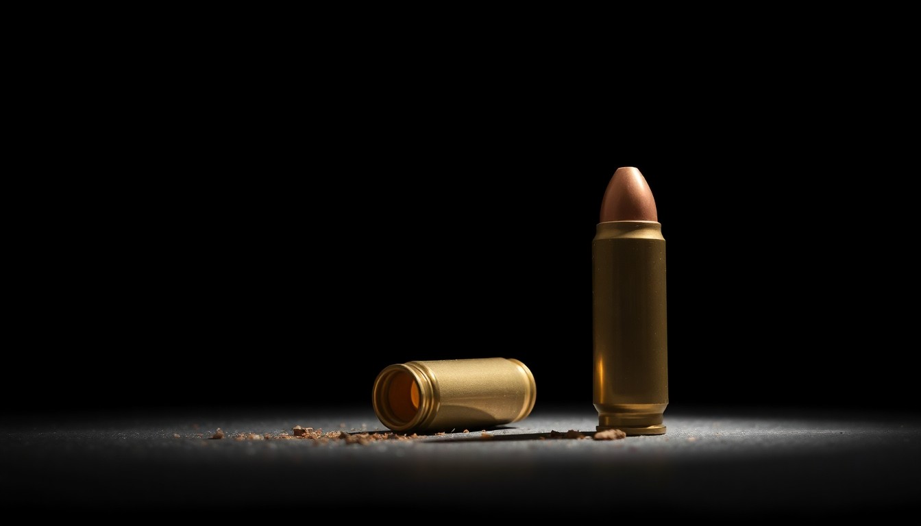 An extreme close-up of a spent bullet casing against a pitch-black background, conceptually representing the violent conclusion of a botched armed robbery attempt.