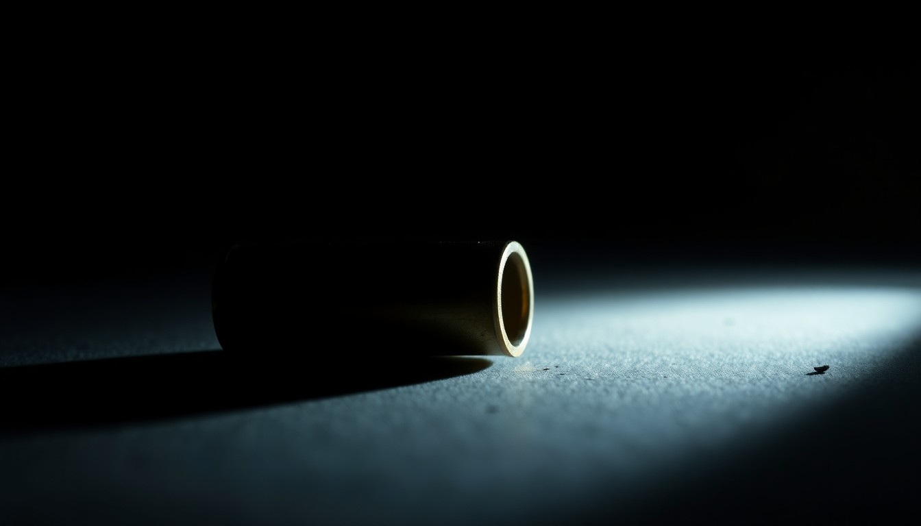 An extreme close-up of a spent shell casing from a crime scene, its metallic surface reflecting the harsh light of a direct camera flash, conveying a stark, gritty, investigative mood.