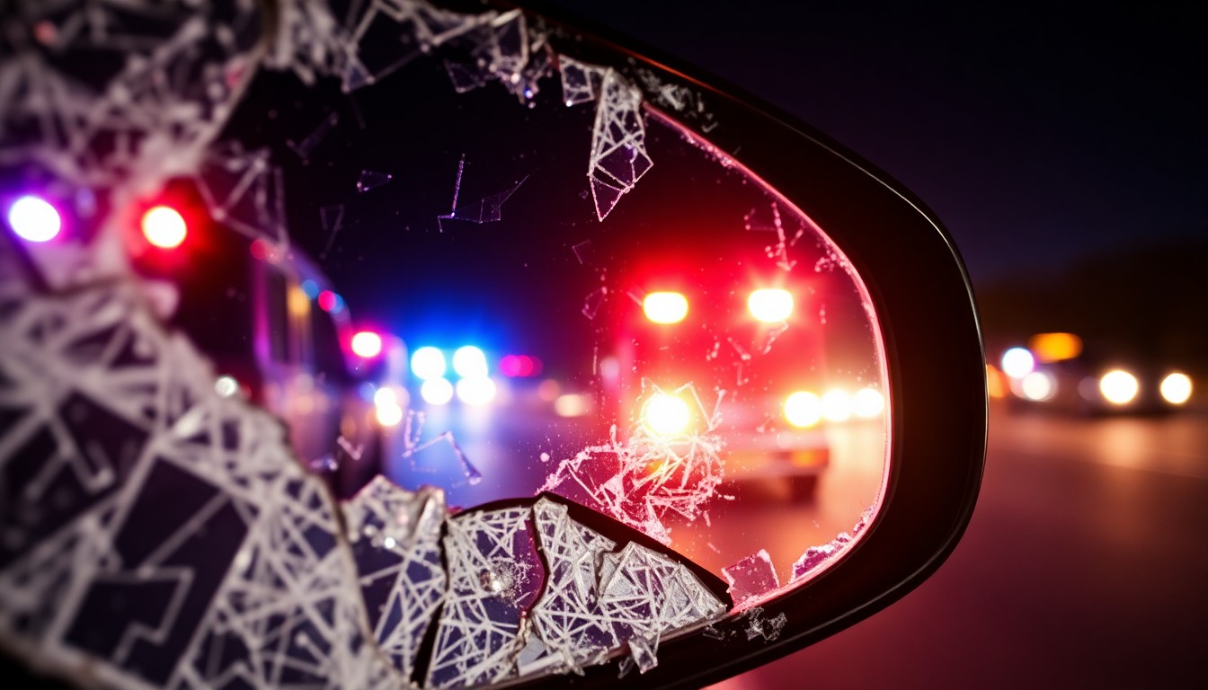An extreme close-up of a shattered car side mirror reflecting the flashing lights of emergency vehicles, conceptually representing the aftermath of a DUI-related collision.