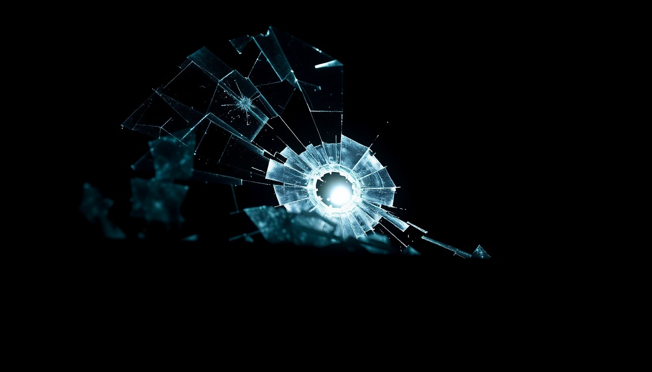 An extreme close-up photograph of a shattered car windshield or other damaged vehicle part, lit by a harsh, direct camera flash against a pitch-black background, conceptually illustrating the aftermath of a fatal multi-vehicle collision.