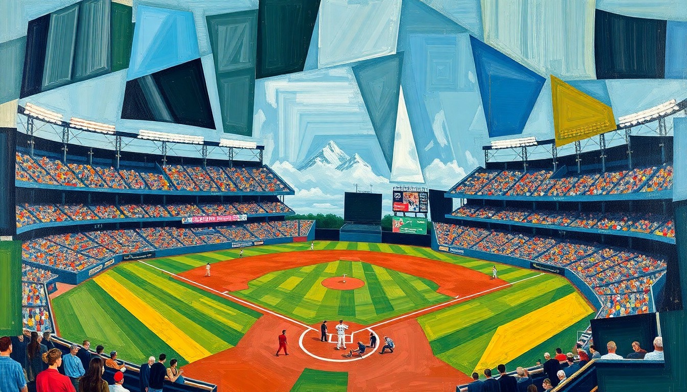 A fragmented, geometric painting depicting a baseball game, with players and the field broken down into sharp, overlapping planes of color, conceptually representing the analytical approach to lineup decisions.