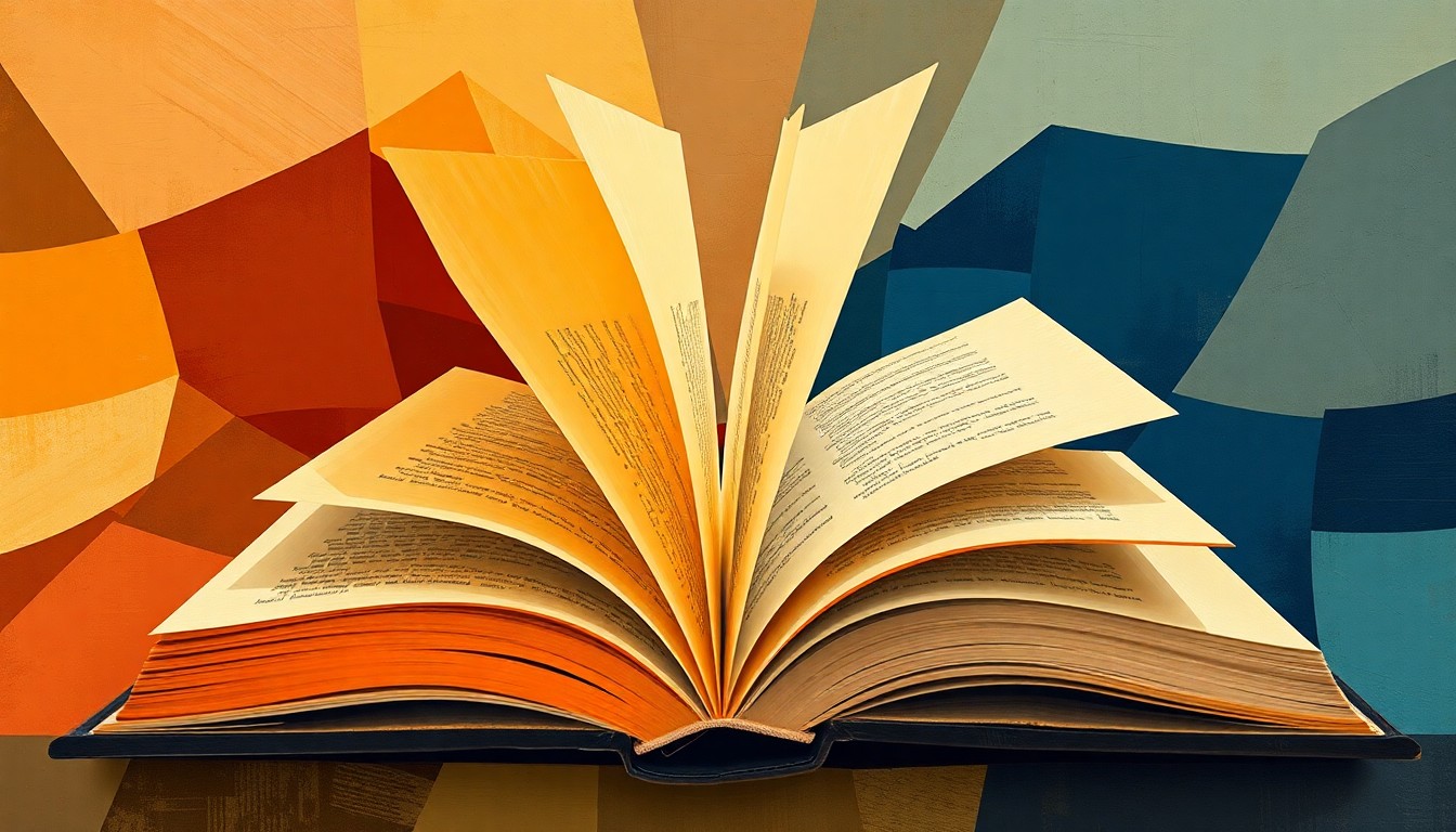A fractured, abstract painting of an open book with pages fluttering in overlapping waves of warm earth tones and deep blues, conceptually representing the debate over religious expression in schools.