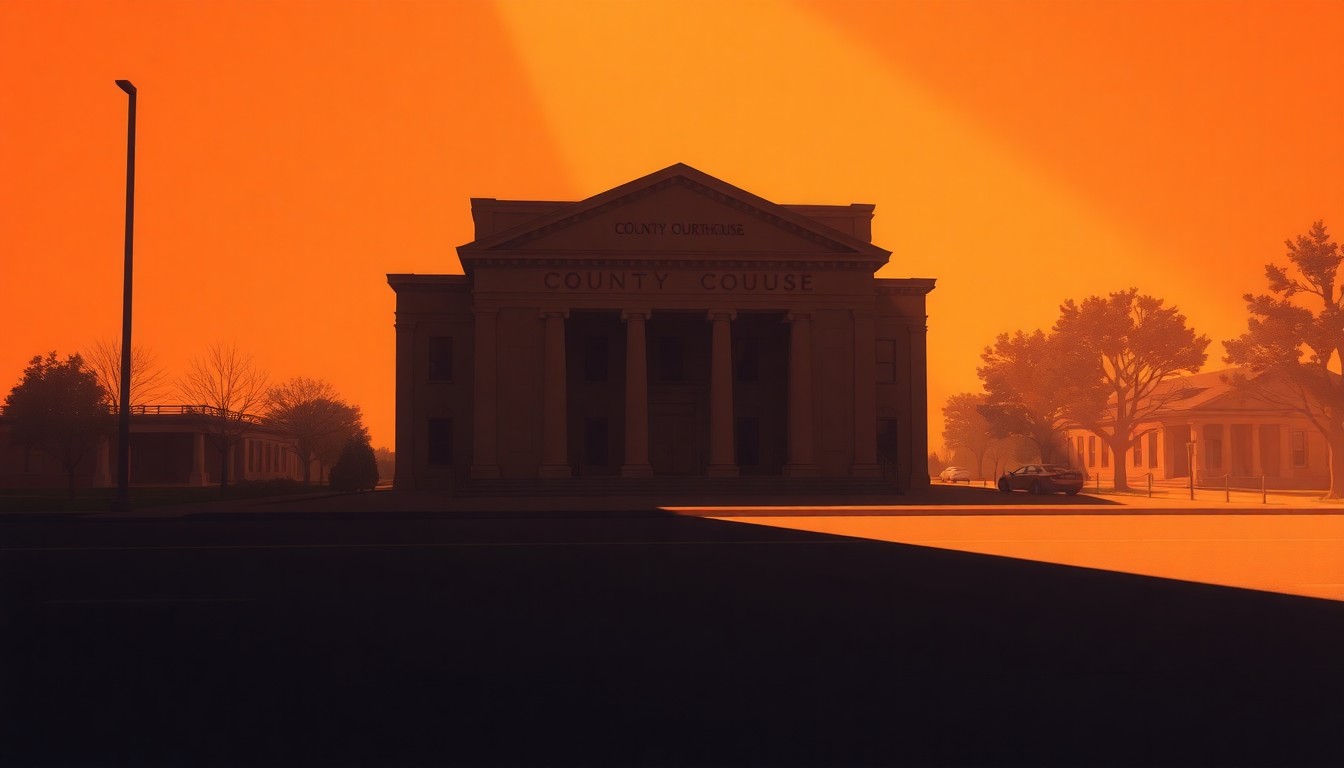 A photorealistic painting of an empty county courthouse building in warm, golden light, with deep shadows casting across the facade, conveying a sense of quiet contemplation about the role of local government.