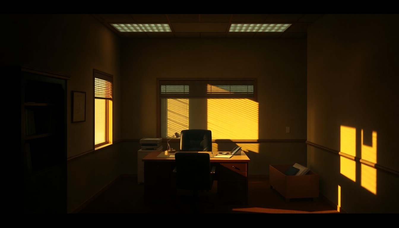 A dimly lit, cinematic painting of a simple desk with a nameplate, a pen, and a stack of papers, casting long shadows across the surface and conveying a sense of quiet contemplation and administrative responsibility.