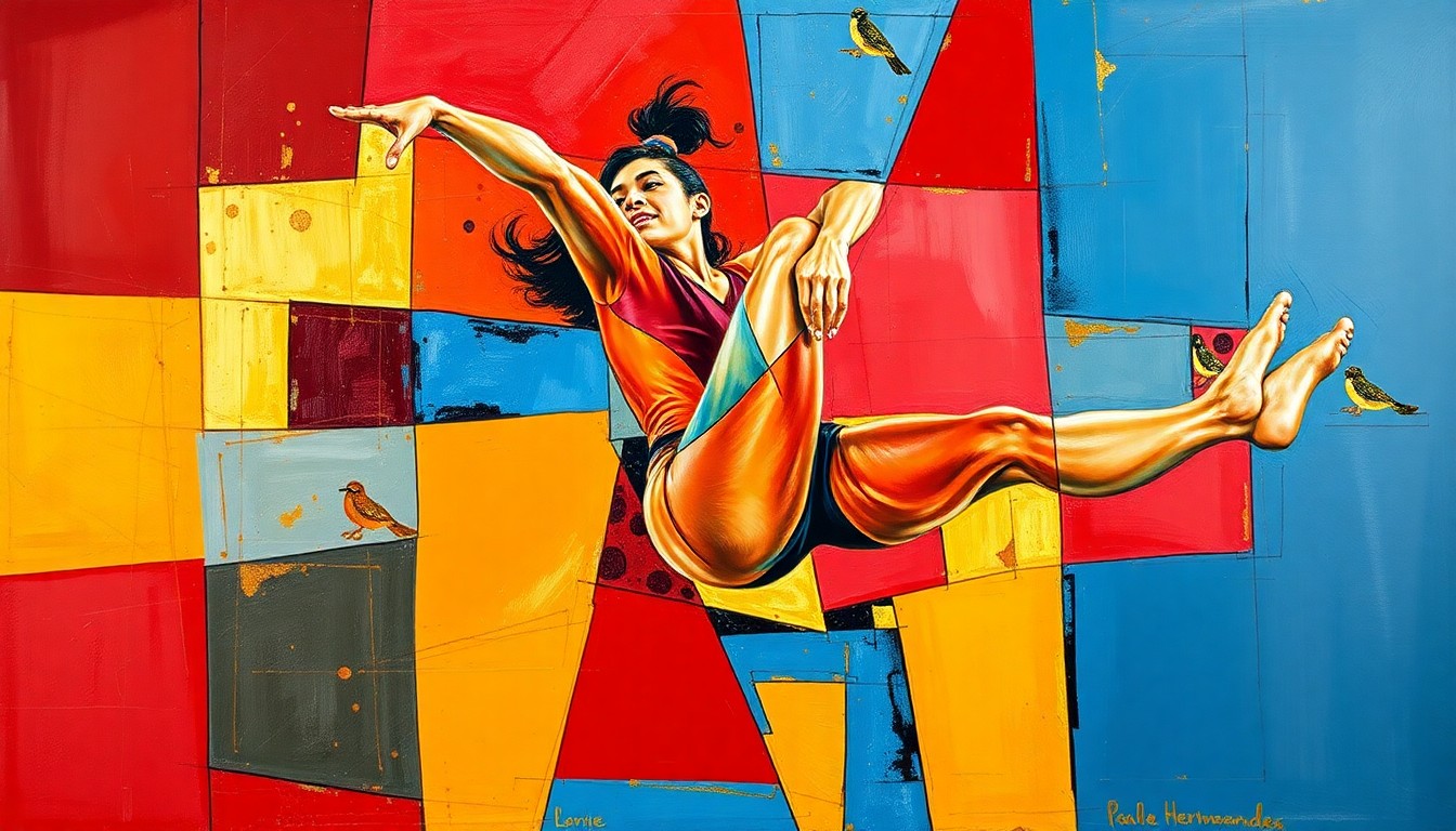 A fractured, geometric painting depicting Laurie Hernandez's athletic and artistic accomplishments, including gymnastics, dancing, and advocacy work, in a vibrant color palette.