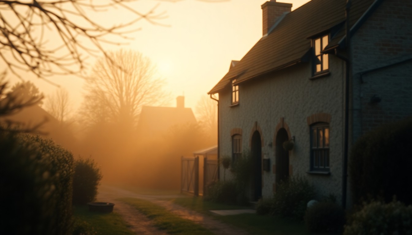 An abstract, impressionistic scene of a blurred country cottage, with warm, glowing light and muted, earthy tones, conveying a sense of tranquility and ambiguity.