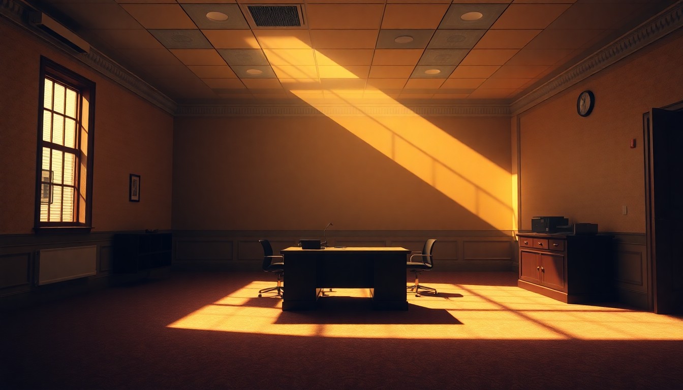 A dimly lit, cinematic government office space with a lone desk and chair, the warm sunlight casting dramatic shadows that create a sense of solitude and unease, conceptually representing the political isolation and disillusionment expressed in the story.