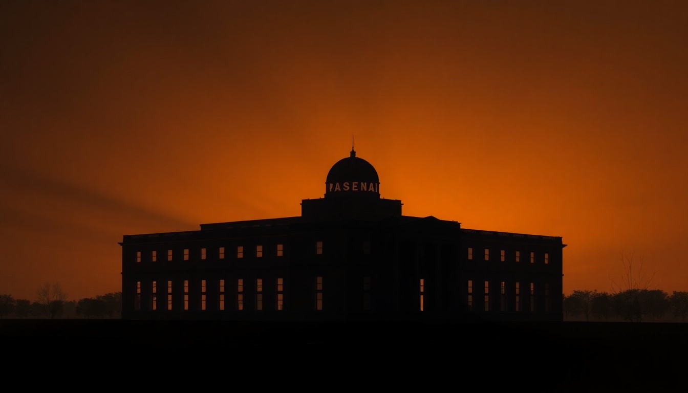 A serene, nostalgic painting of the iconic main building of the Rock Island Arsenal, its silhouette bathed in warm, golden light and deep shadows, conceptually representing the facility's importance to the local community and national defense.