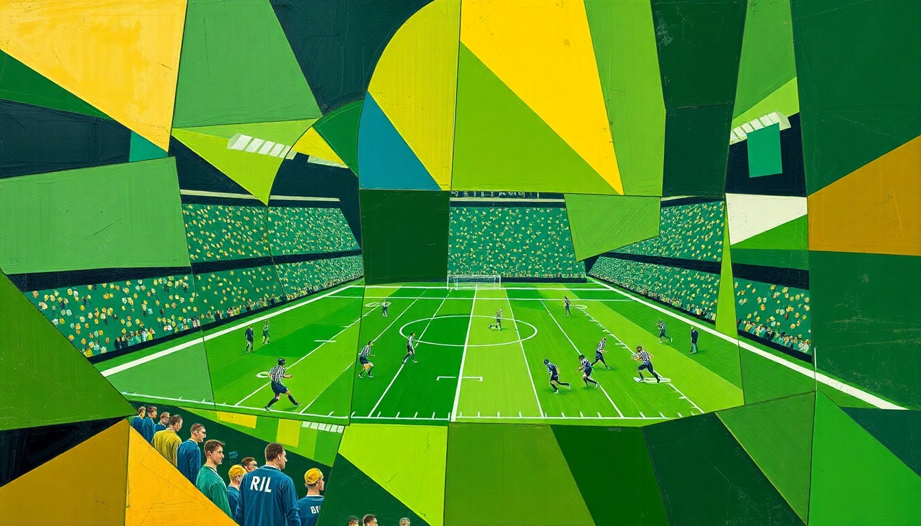 A cubist, geometric painting depicting a football game in progress, with the players and field broken down into sharp, overlapping planes of green, gold, and navy blue, conveying the strategic and analytical approach of the Packers' coaching staff.