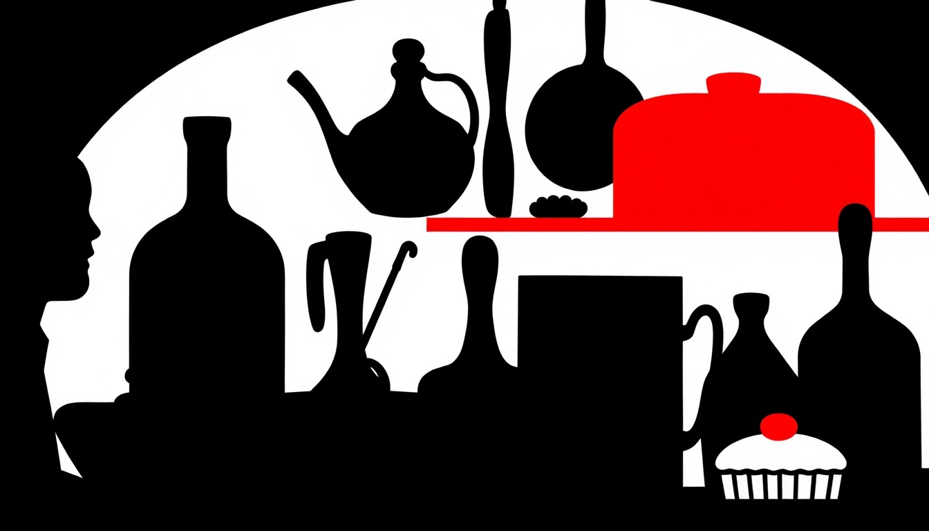 A graphic illustration featuring bold, jagged black silhouettes of various household items like a toolbox, watering can, and stack of books, all rendered in a high-contrast palette of red and white to create a striking, minimalist visual metaphor for the bakery's deceptive April Fool's Day cakes.