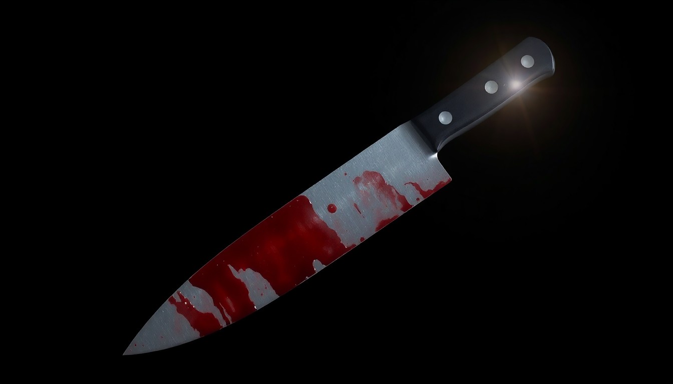 An extreme close-up of a bloodied kitchen knife, the harsh flash lighting creating a stark, gritty aesthetic that conceptually represents the violence of this crime.