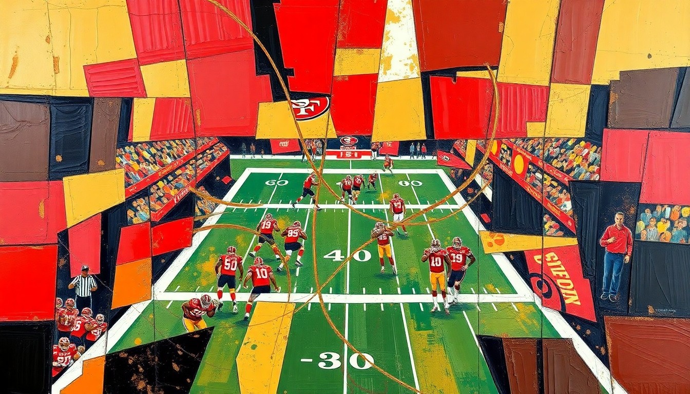 A fragmented, cubist-style painting depicting a 49ers football game or practice, with players and the field broken down into sharp, overlapping geometric shapes in the team's red and gold colors, conveying the complexity and uncertainty surrounding the team's receiving corps.