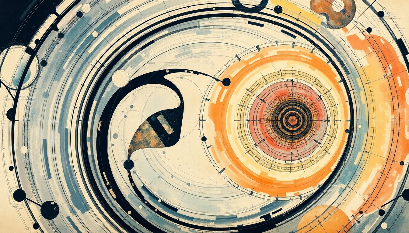 A highly structured abstract painting in soft, flat colors depicting sweeping geometric arcs, concentric circles, and precise spirals, conceptually representing the complex forces and technological advancements driving the growth of the global microscopy market.