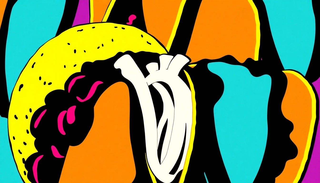 A high-contrast silkscreen print of a single taco ingredient, such as a corn tortilla or grilled onion, repeated in a tight grid pattern with flat, neon colors and heavy black outlines, conceptually representing the diverse taco offerings at Taco Maya.