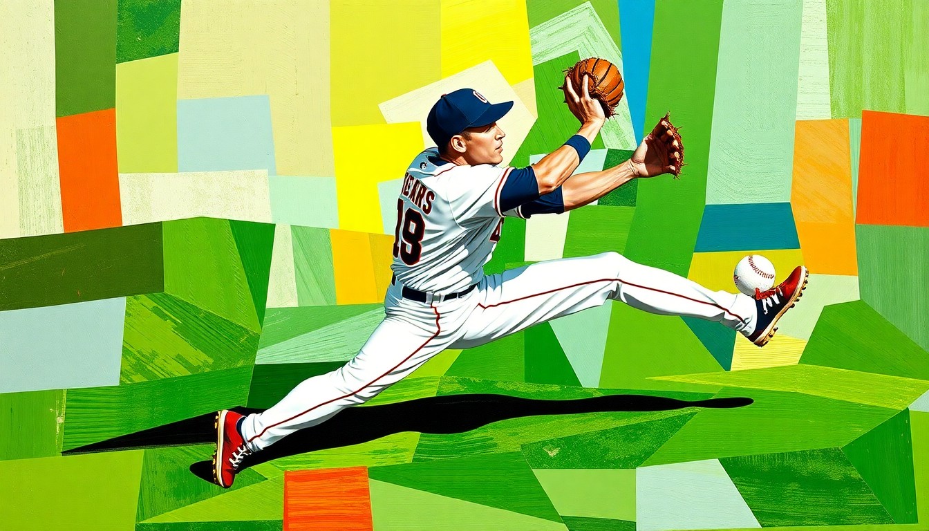 A fractured, cubist-style painting depicting a baseball outfielder making a diving catch, with the player's body and the field broken down into sharp, overlapping geometric shapes and planes in vibrant colors.