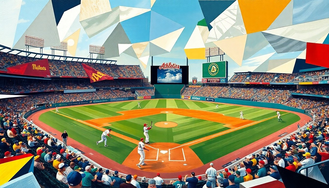 A fragmented, geometric painting depicting a baseball game between the Atlanta Braves and Oakland Athletics, with the players and field represented as abstract shapes and planes of color, capturing the dynamic action and energy of the game.