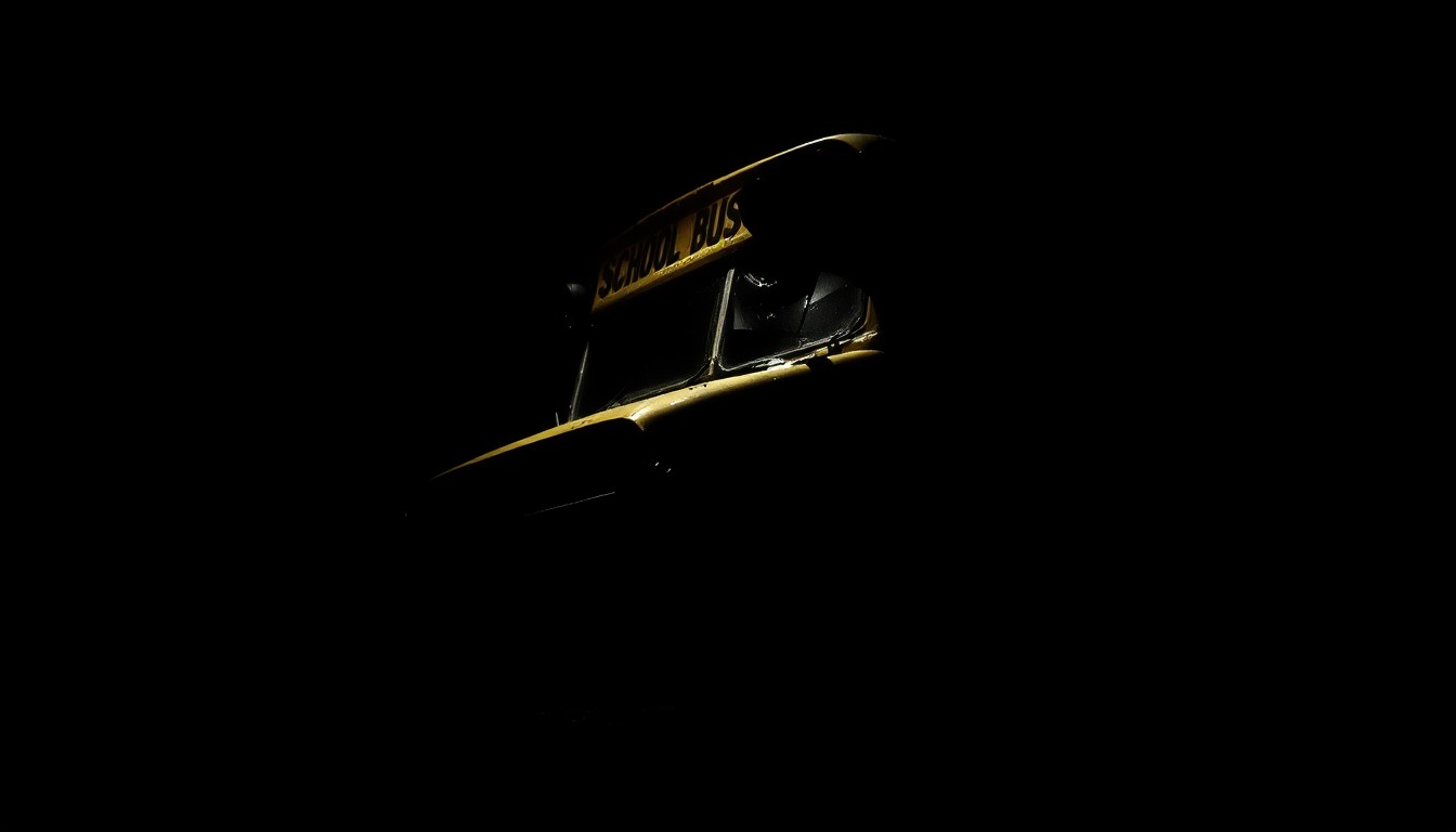 An extreme close-up photograph of a damaged school bus part, such as a crumpled side panel or broken window, lit by a harsh, direct camera flash against a pitch-black background, conveying a stark, gritty, and investigative aesthetic.
