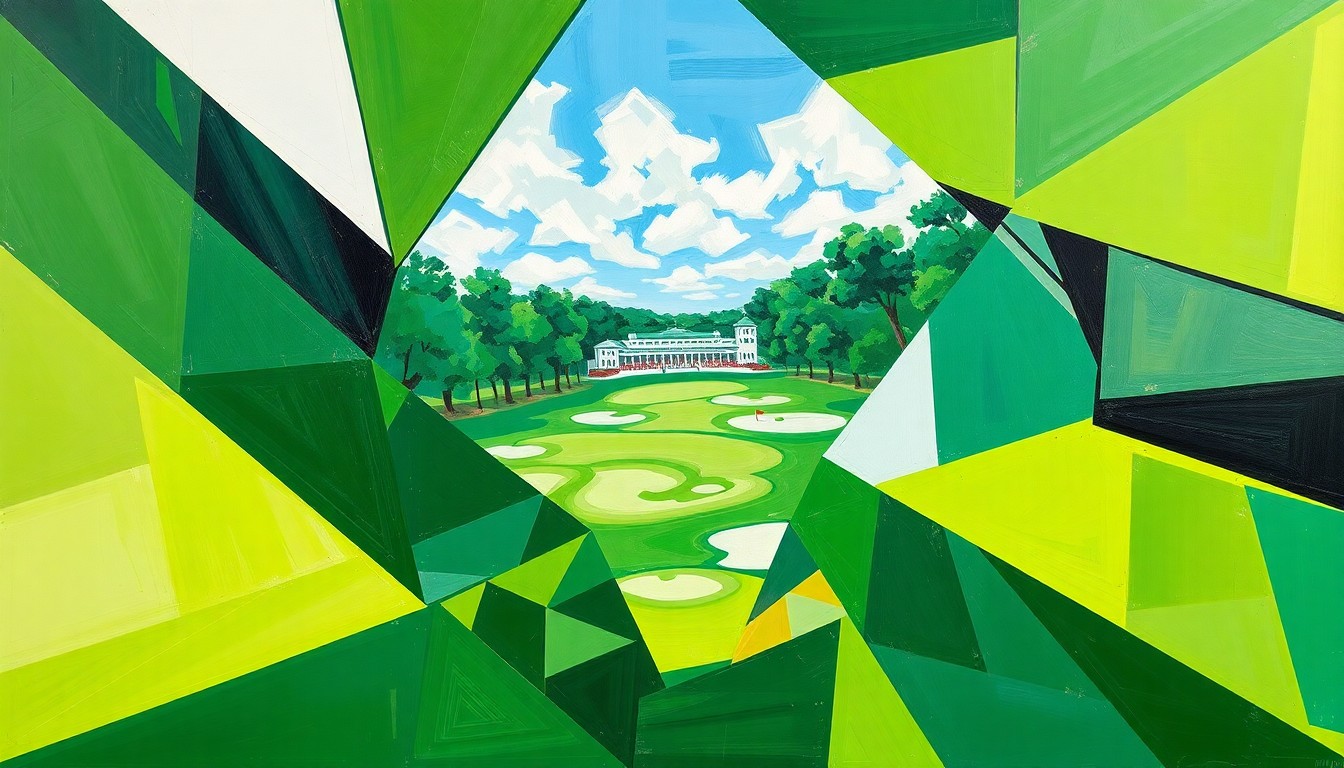A fragmented, geometric painting in shades of green, white, and blue, depicting the dynamic action of a golf tournament through Picasso's cubist lens.