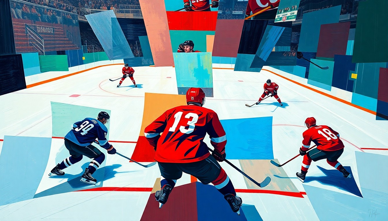 A cubist-style painting featuring overlapping geometric shapes and planes in vibrant colors, representing the dynamics of a hockey practice session.