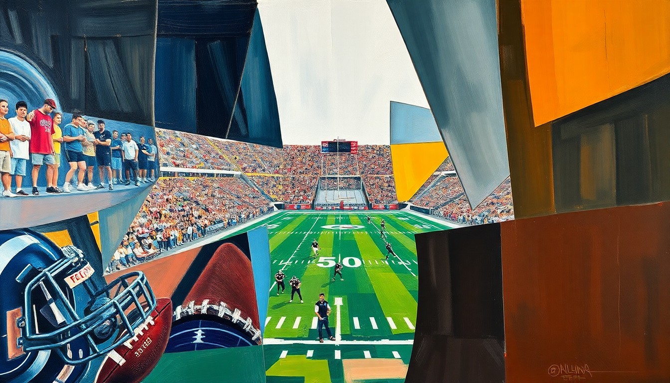 A cubist, geometric painting depicting a college football practice scene, with players and equipment broken down into sharp, overlapping shapes and planes of color, conveying the intensity and competitive energy described in the story.