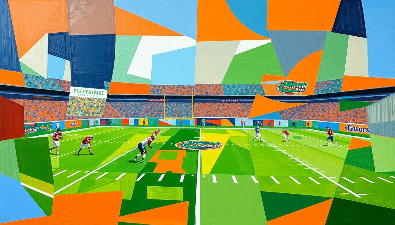 A fragmented, cubist-style painting depicting a Florida Gators football practice, with the players and field broken down into sharp, angular geometric shapes in shades of orange, blue, and green, conveying a sense of high-energy competition and intensity on the practice field.