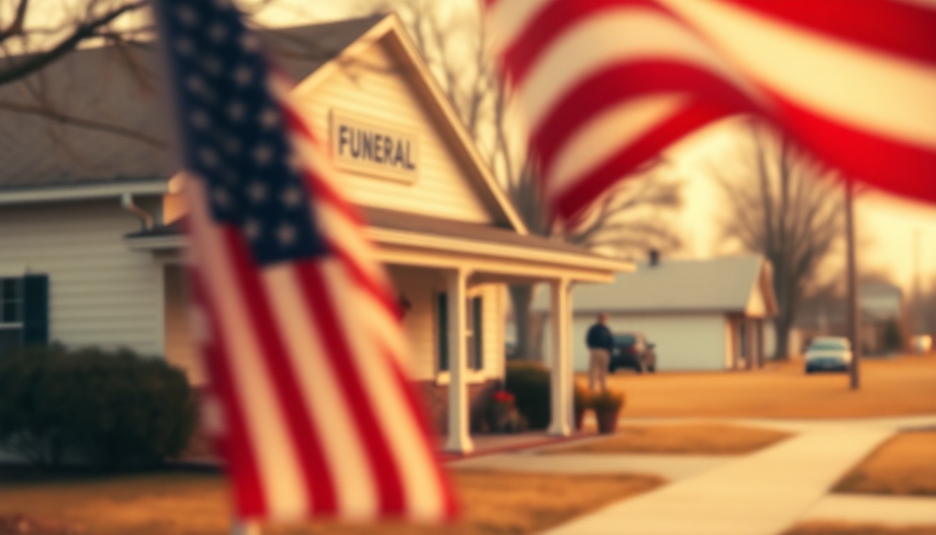 An extremely abstracted, out-of-focus photograph in soft pools of warm color and light, depicting the blurred exterior of a small-town funeral home with an American flag waving in the foreground, conceptually representing a community coming together to mourn the loss of a local resident.
