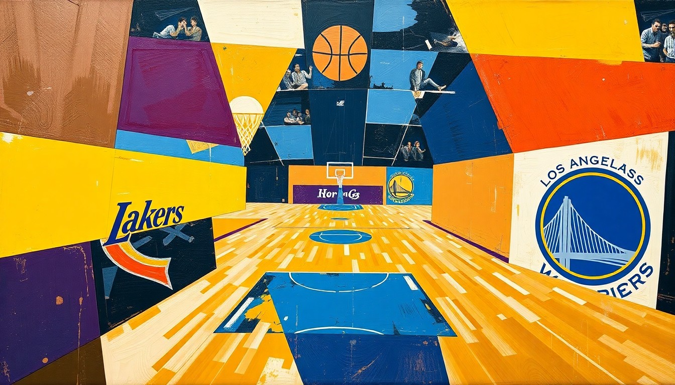 A cubist, geometric painting that deconstructs a basketball game or match between the Lakers and Warriors, with sharp, overlapping planes of color and form representing the dynamic tension and potential change in the league's power structure.
