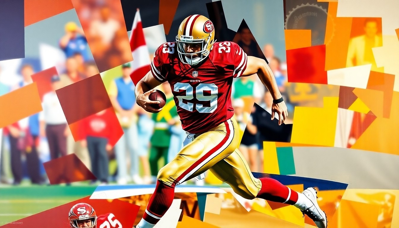 A cubist, geometric painting depicting a football player in motion, with sharp, overlapping planes of red and gold representing the 49ers' uniform colors.