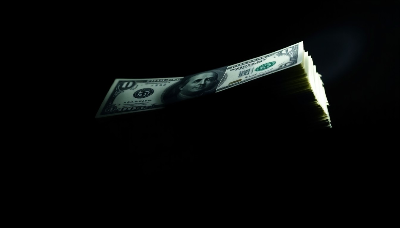 An extreme close-up photograph of a stack of cash bills lit by a harsh, direct camera flash against a pitch-black background, conceptually representing the gritty reality of money laundering.