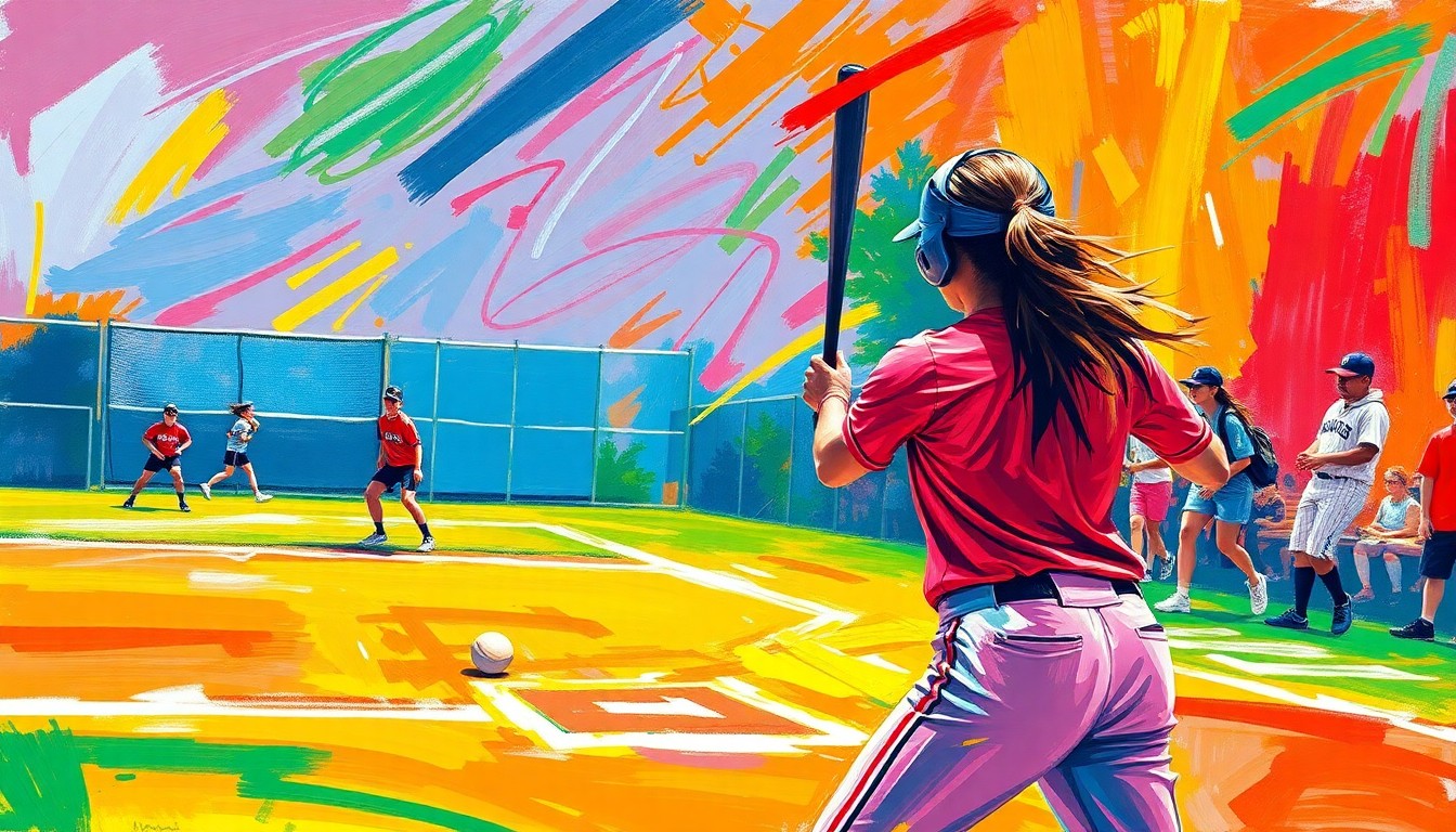 An abstract, energetic painting in vibrant neon colors and expressive brushstrokes, capturing the raw athleticism and competitive spirit of a high school softball game.