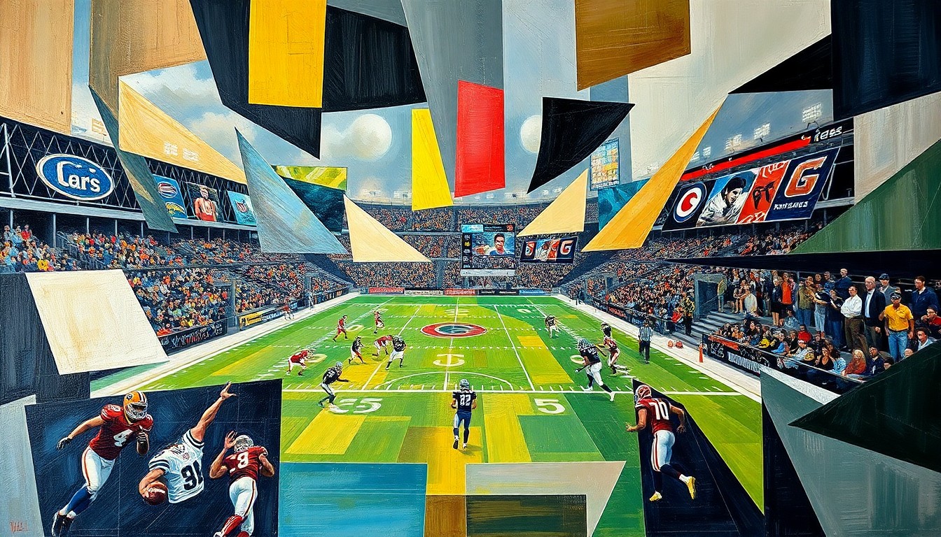 A cubist, geometric painting depicting a fragmented, multi-perspective view of a football game, with sharp, overlapping planes of color and form representing the strategic elements of the sport.