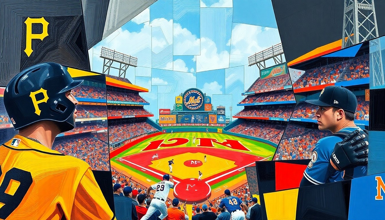 A cubist, geometric painting depicting a baseball game with overlapping planes of color representing the players and action on the field.