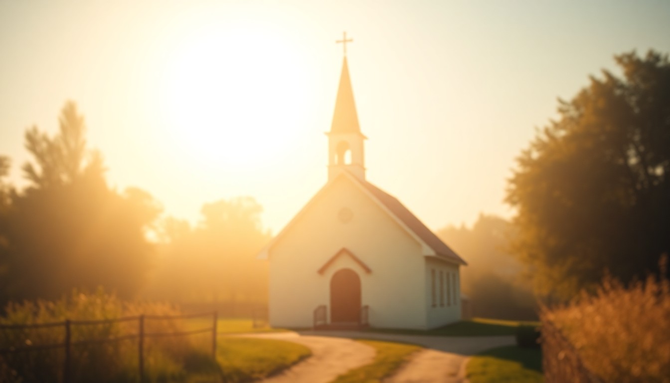 An extremely abstracted, out-of-focus photograph of a small country church, with only the faintest outlines of the building visible through a warm, golden haze, conceptually representing the somber yet reflective mood of a community honoring a beloved local figure.